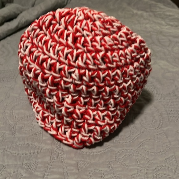Handmade Adult Unisex Red, White Crochet Beanie Hat - Picture 4 of 5